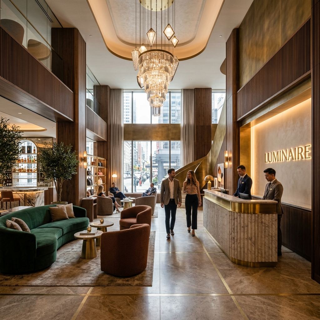 Grand commercial lobby with Luminaire branding, marble reception desk, and crystal chandelier